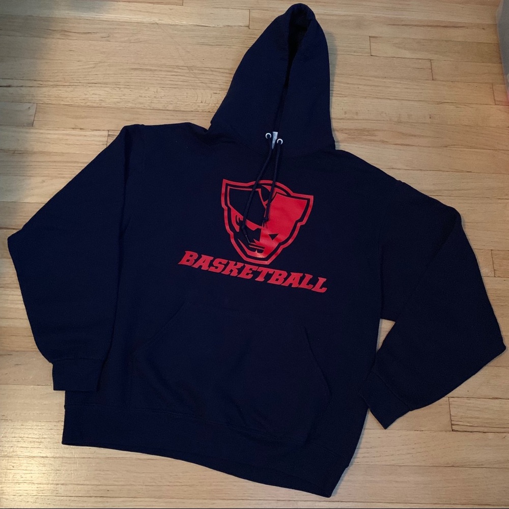 Jerzees NuBlend Navy Front Hand Warmer Pocket with red logo hoodie size L